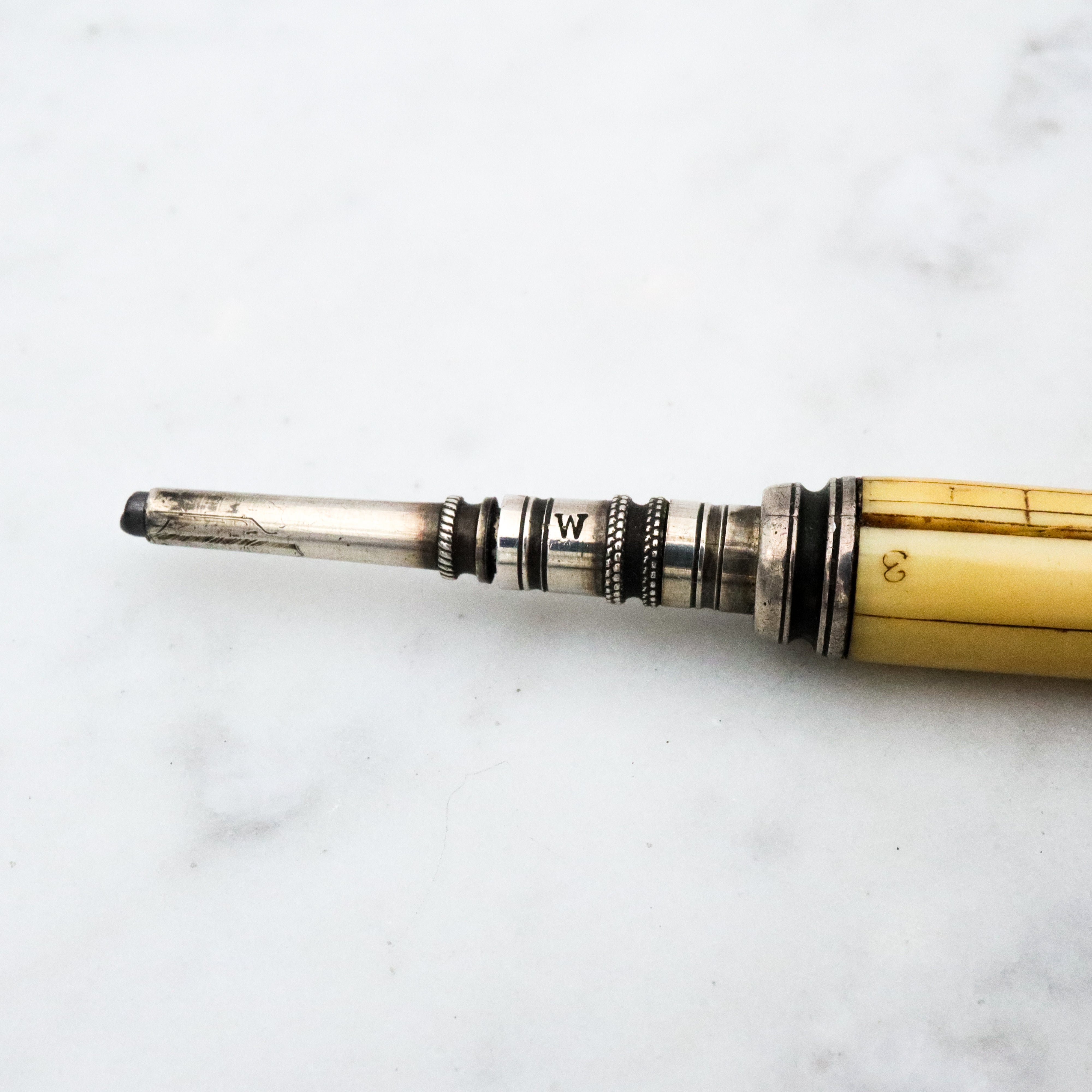 Rare Antique Victorian Sampson Mordan & Co. sterling & bone propelling pencil with ruler